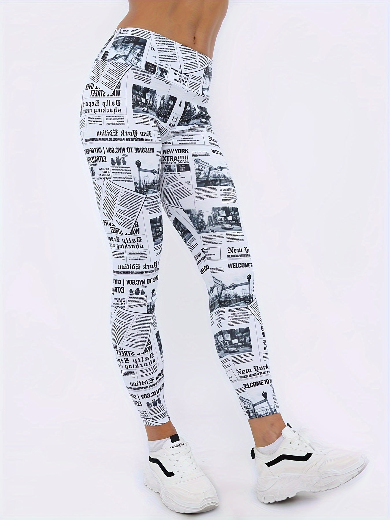 Newspaper Pattern Fitness Gym Leggings High Waist Yoga Workout Running Pants