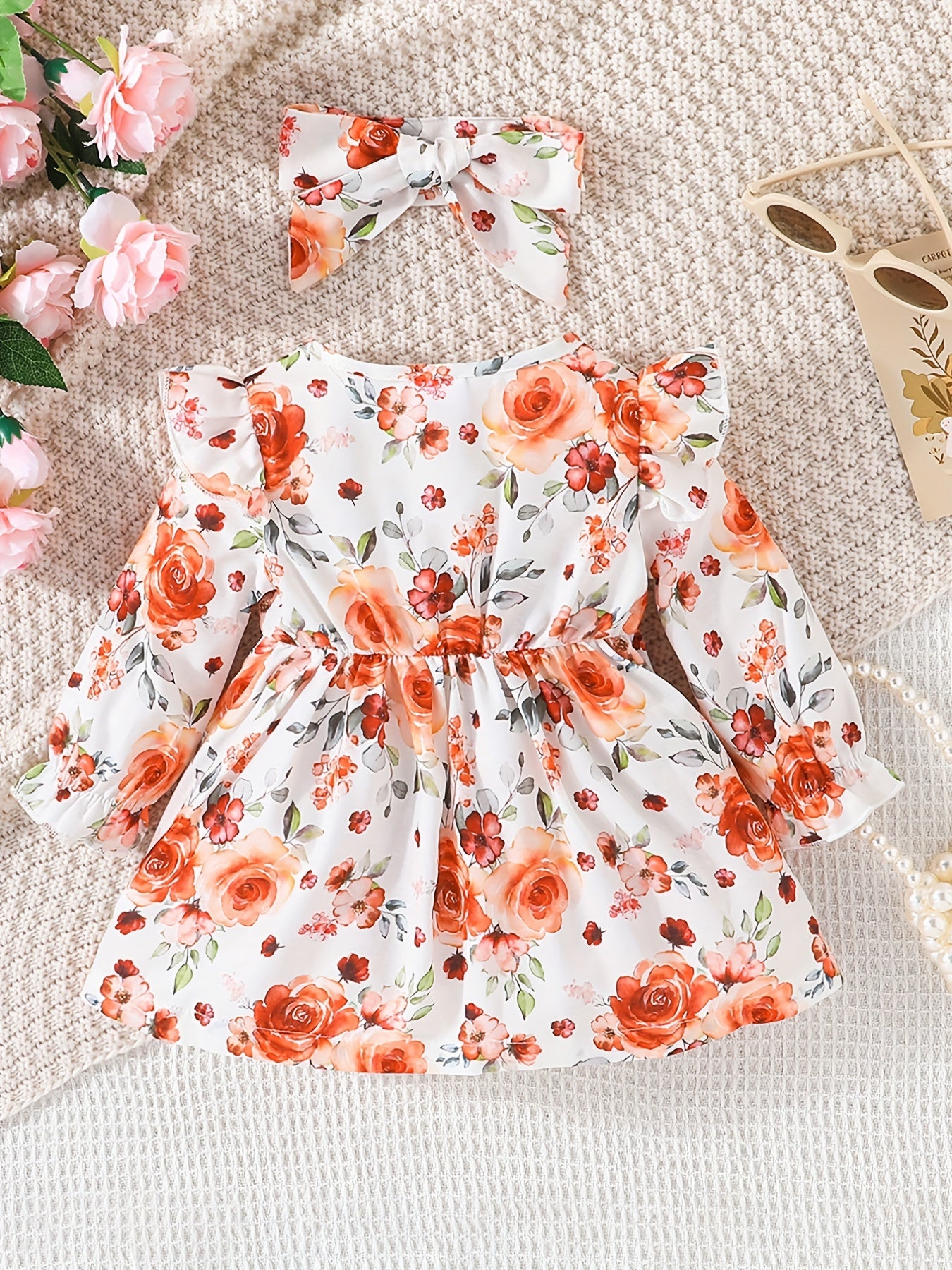 Baby Girls Bow Front Floral Ruffle Long Sleeve Dress