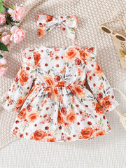 Baby Girls Bow Front Floral Ruffle Long Sleeve Dress
