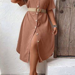 Women's Solid Textured Button Up Shirt Dress