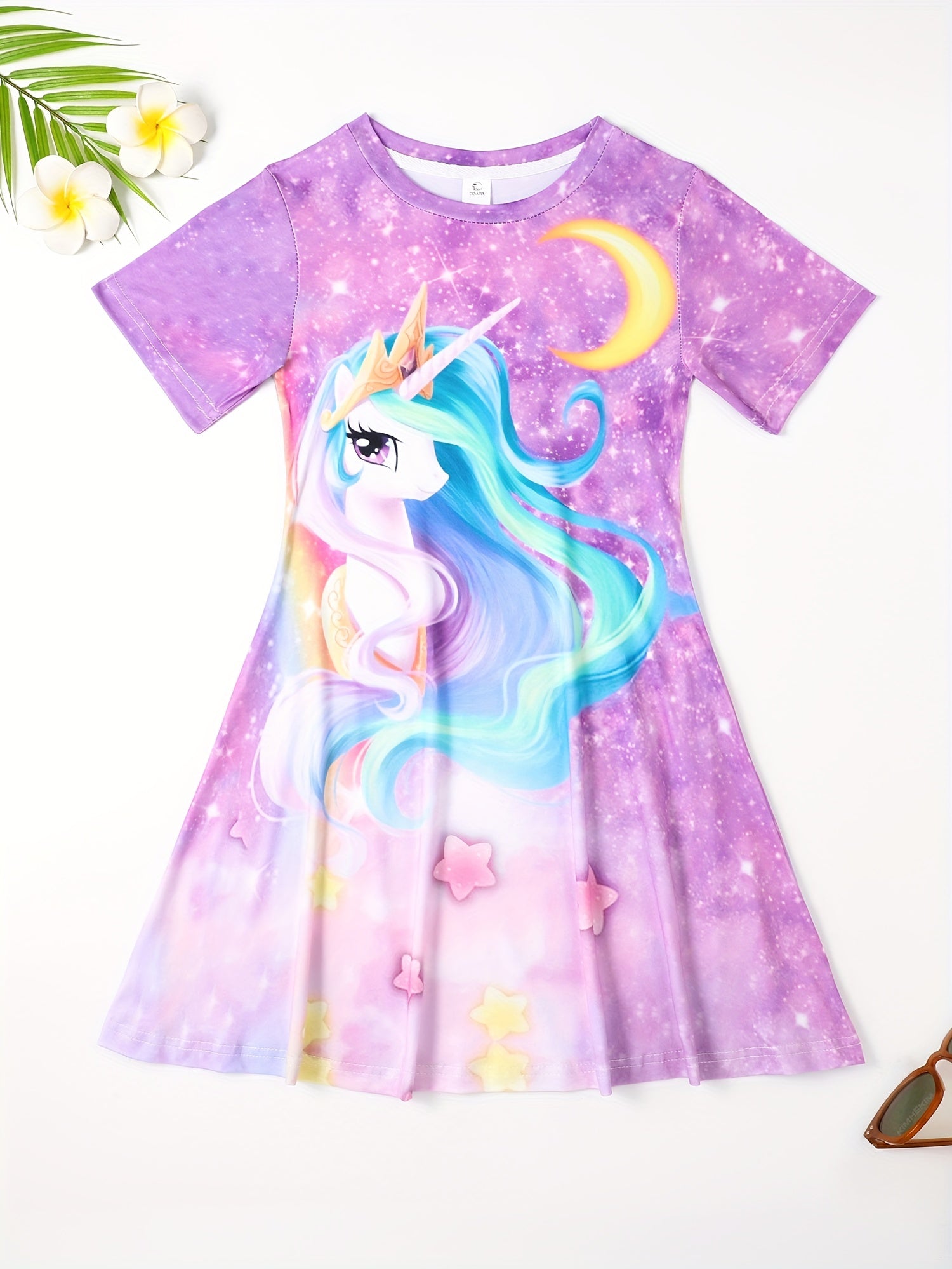 Girls Summer Unicorn Long Dress Short Sleeve Princess Dress