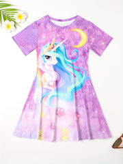Girls Summer Unicorn Long Dress Short Sleeve Princess Dress