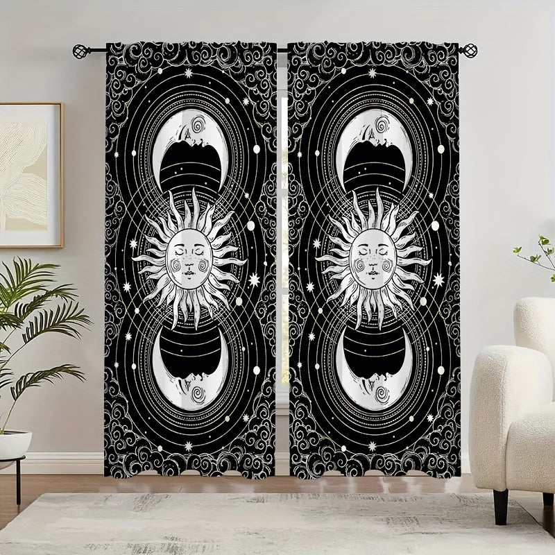 2pcs Sun Moon Printed Curtains Rod Pocket Semi Blackout Window Curtains