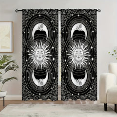 2pcs Sun Moon Printed Curtains Rod Pocket Semi Blackout Window Curtains