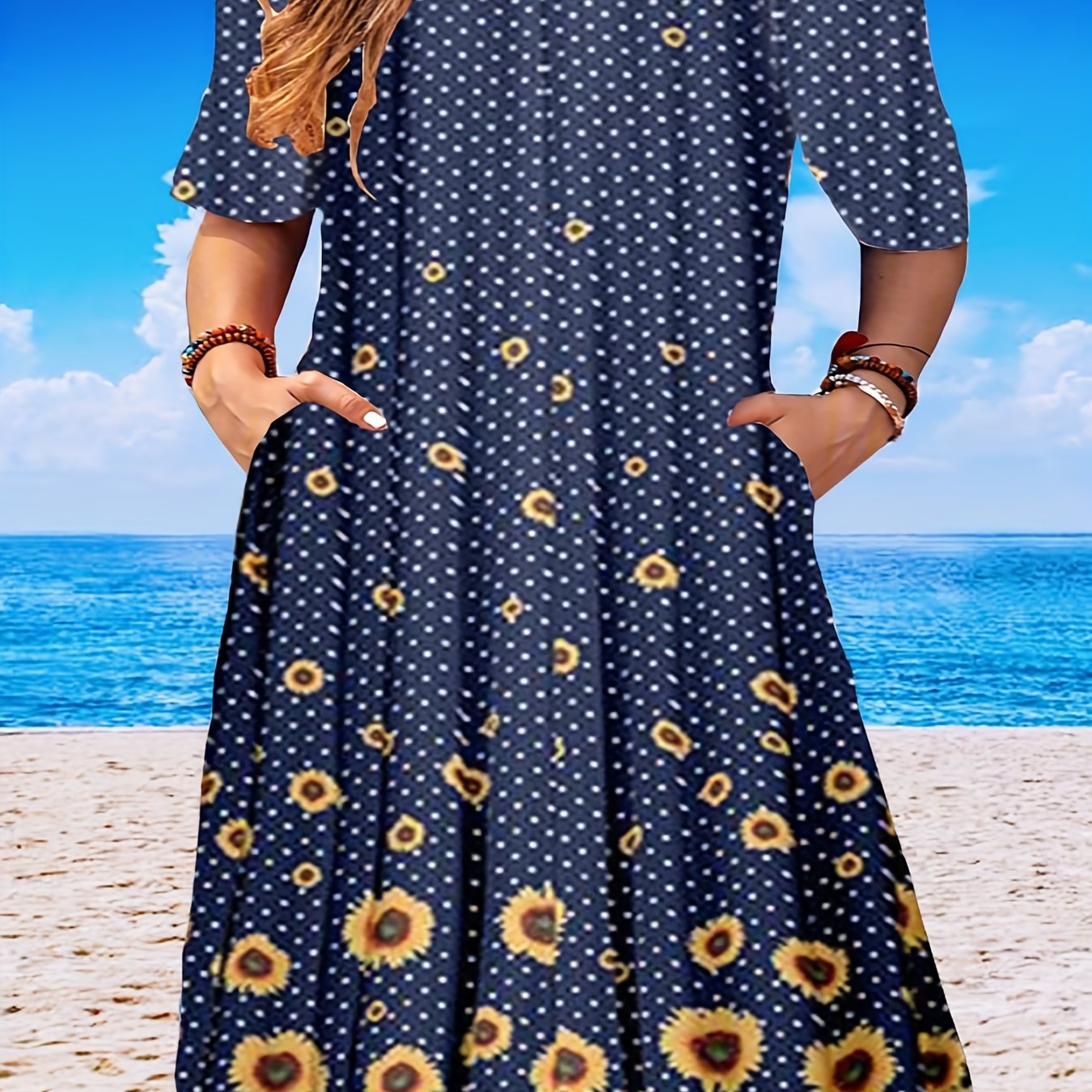 Women's Plus Sunflower & Dot Print Short Sleeve Tee Dress
