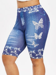 Sexy Butterfly Print Short Leggings High Waist Slim Bottoms