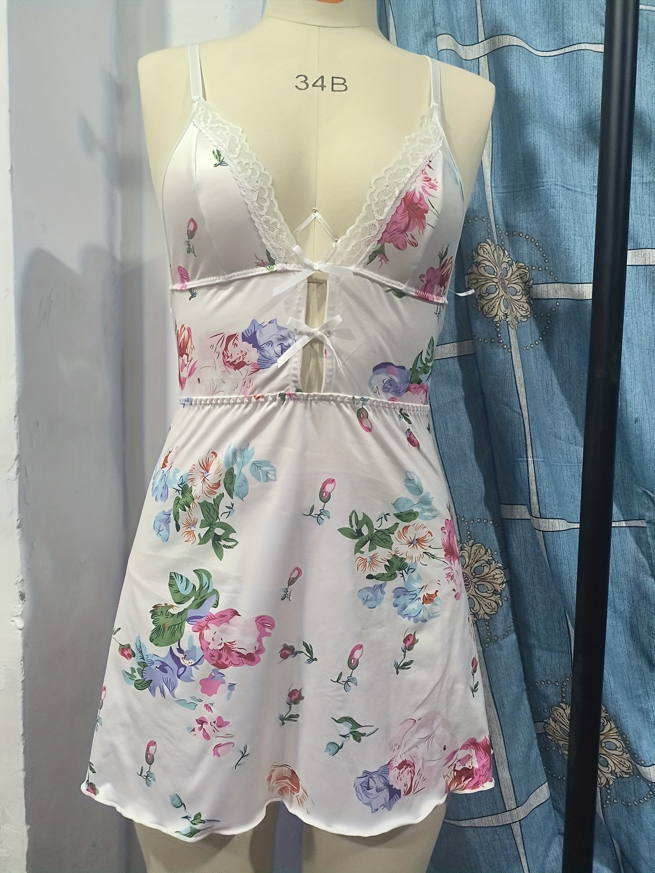 Floral Print Slip Nightdress Lace Trim Deep V Sleep Dress