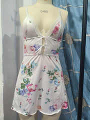 Floral Print Slip Nightdress Lace Trim Deep V Sleep Dress