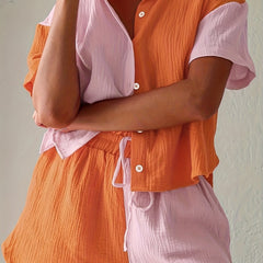 Colorblock Button Up Top & Drawstring Shorts Set