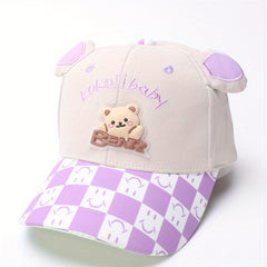 Kids Cartoon Bear Baseball Cap with Plaid Pattern for Outdoor Play