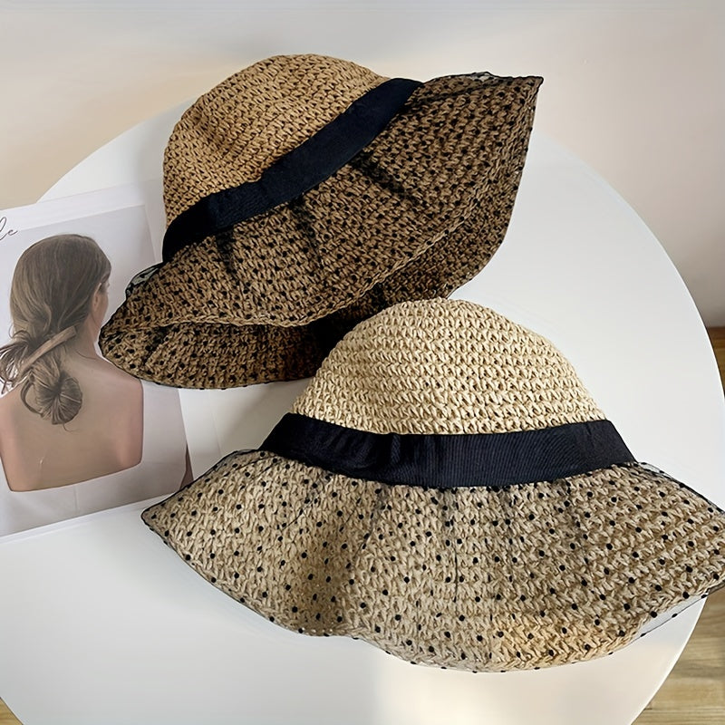 Mesh Straw Sun Hat Crochet Breathable Bucket Hat Wide Brim Foldable