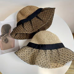 Mesh Straw Sun Hat Crochet Breathable Bucket Hat Wide Brim Foldable