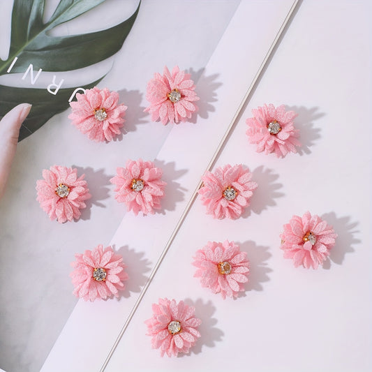 10pcs Pink Fabric Flower Hair Clips with Rhinestones for Parties