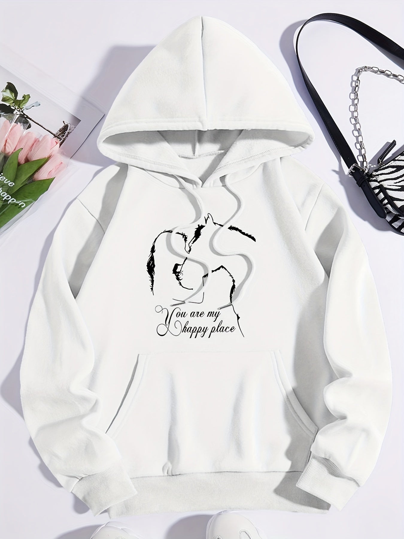 Girl & Horse Print Kangaroo Pocket Hoodie Long Sleeve Drawstring Hoodies