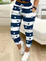 Striped & Star Print Drawstring Pants Women's Casual Pants