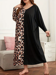Colorblock Leopard Print Long Sleeve V Neck Sleep Dress