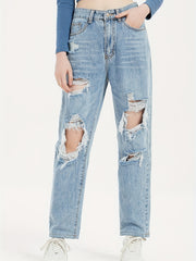 High Waist Ripped Straight Jeans Baggy Denim Pants