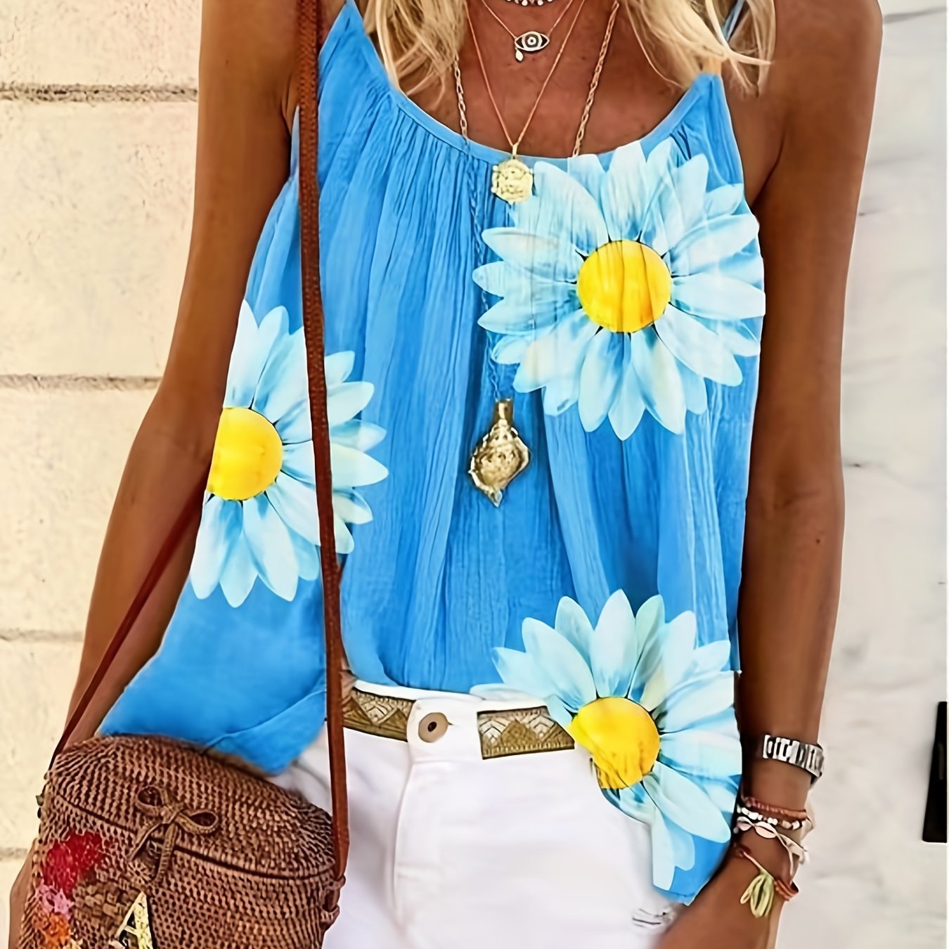 Floral Print Round Neck Plus Size Cami Top