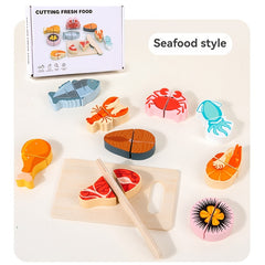 Wooden Pretend Play Fruit and Seafood Cutting Set Kitchen Role Playing Toy