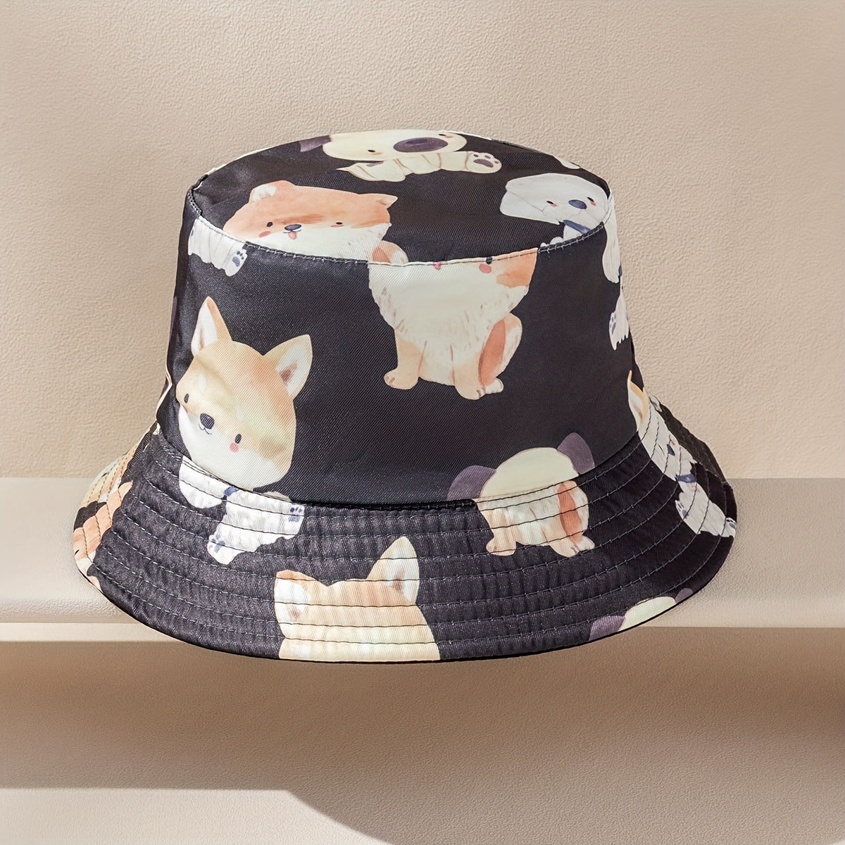 Reversible Family Bucket Hat Puppy Print Basin Hat Unisex Cartoon Dog Fisherman