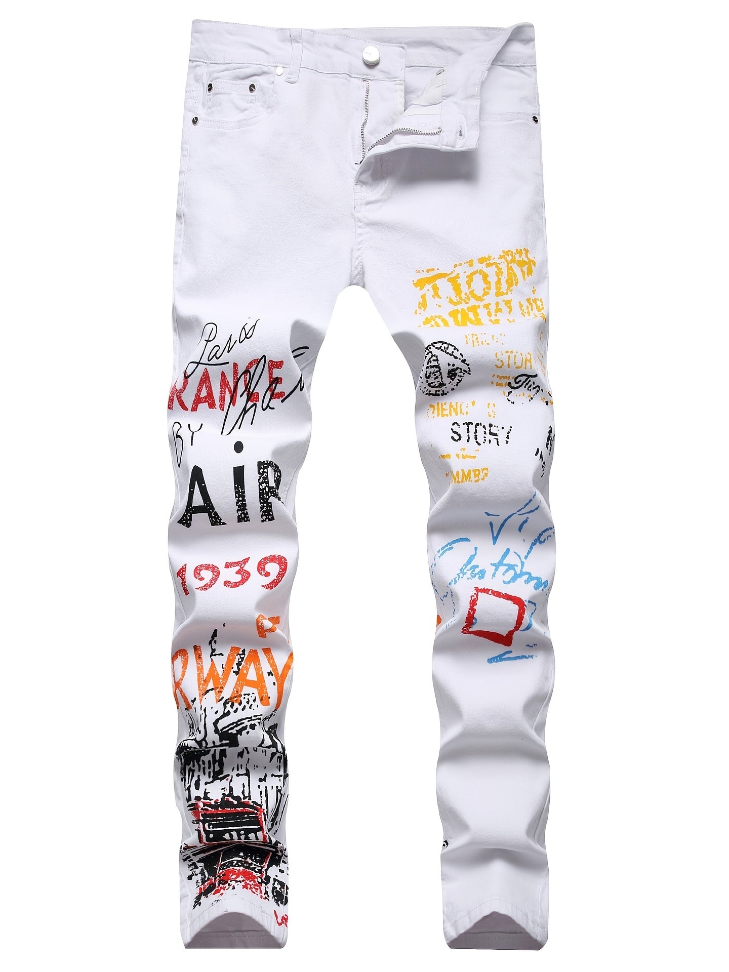 Graffiti Pattern Slim Fit Jeans Mens Casual Slightly Stretch Denim Pants