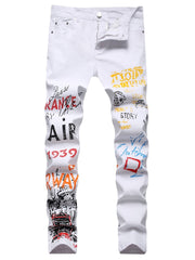Graffiti Pattern Slim Fit Jeans Mens Casual Slightly Stretch Denim Pants