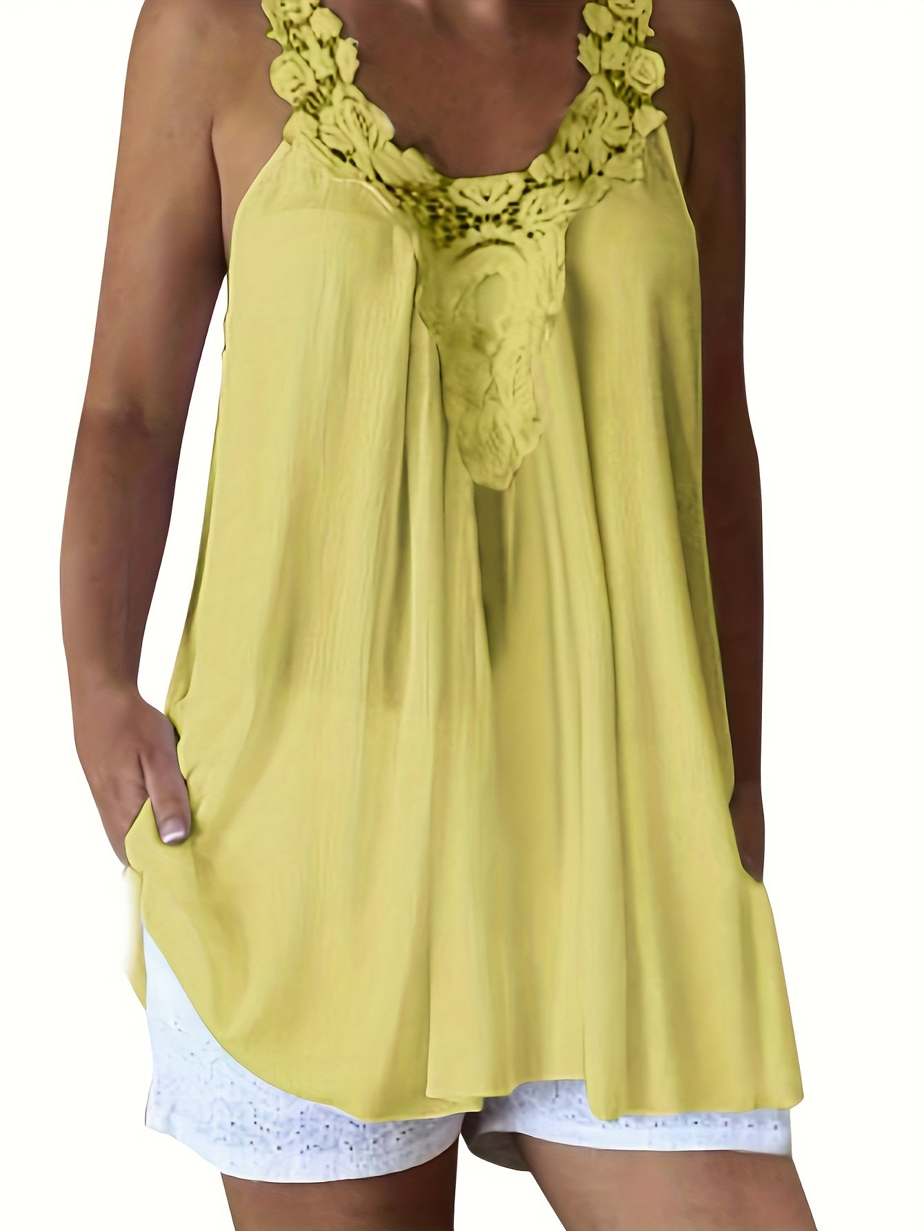 Floral Lace Stitching Tank Top Crew Neck Summer Sleeveless
