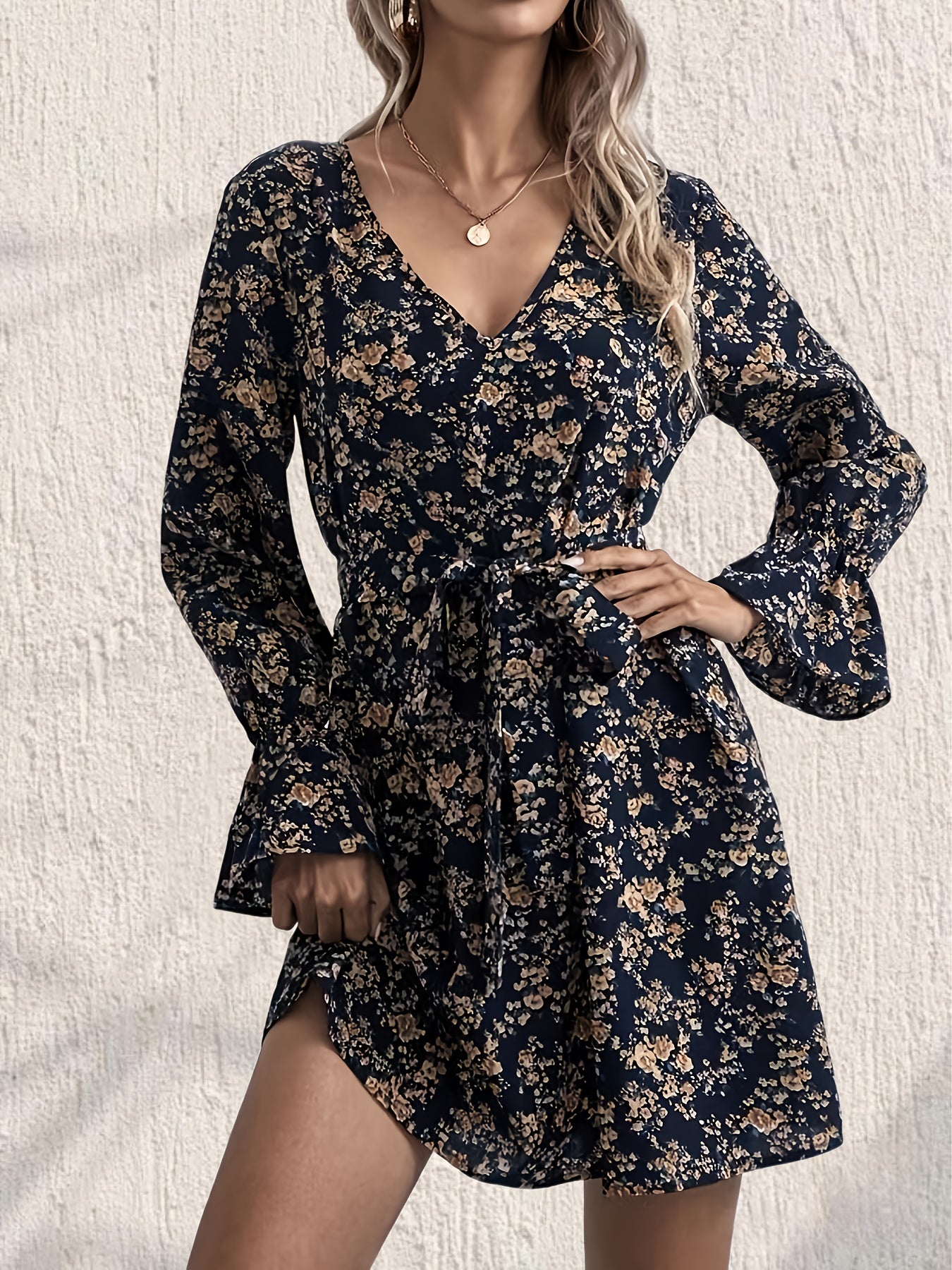 Floral Print V Neck Dress Long Sleeve Belted