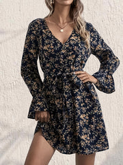 Floral Print V Neck Dress Long Sleeve Belted