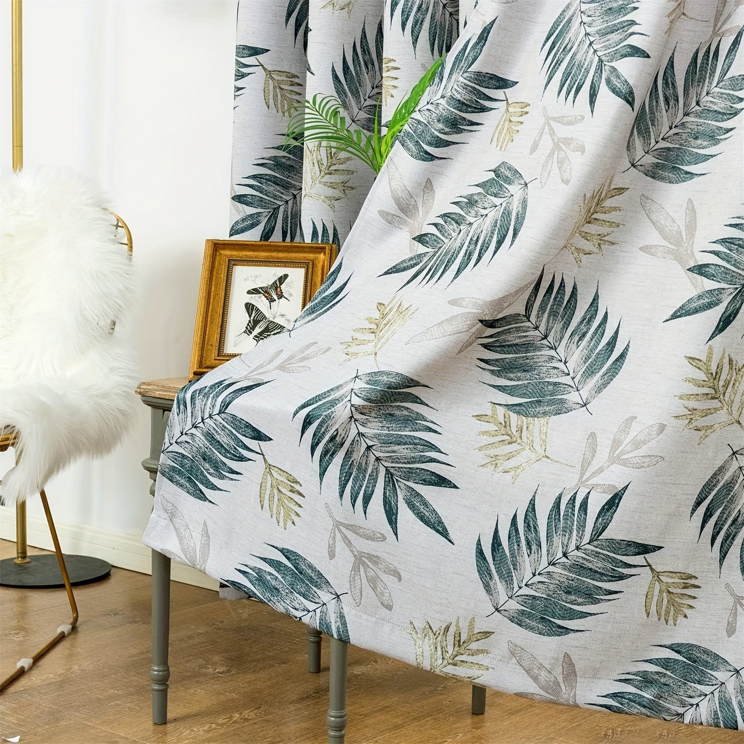 Leaf Printed Blackout Curtain Set with Pleat Hooks