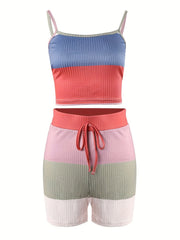 Casual Block Two piece Set Sleeveless Coat Cami Top Drawstring Shorts