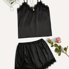 Lace Trim Pajama Set V Neck Cami Top & Shorts
