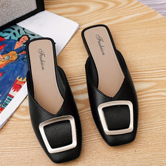 Square Buckle Flat Mule Slippers Block Heel Boots