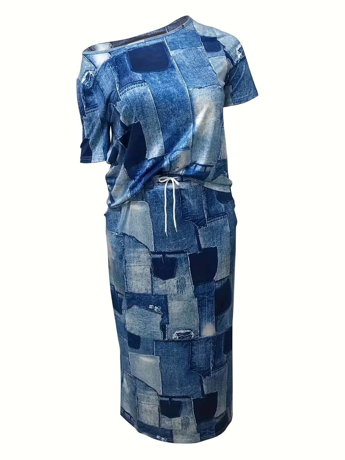 Plus Denim Print One Shoulder Tee & Maxi Skirt Set