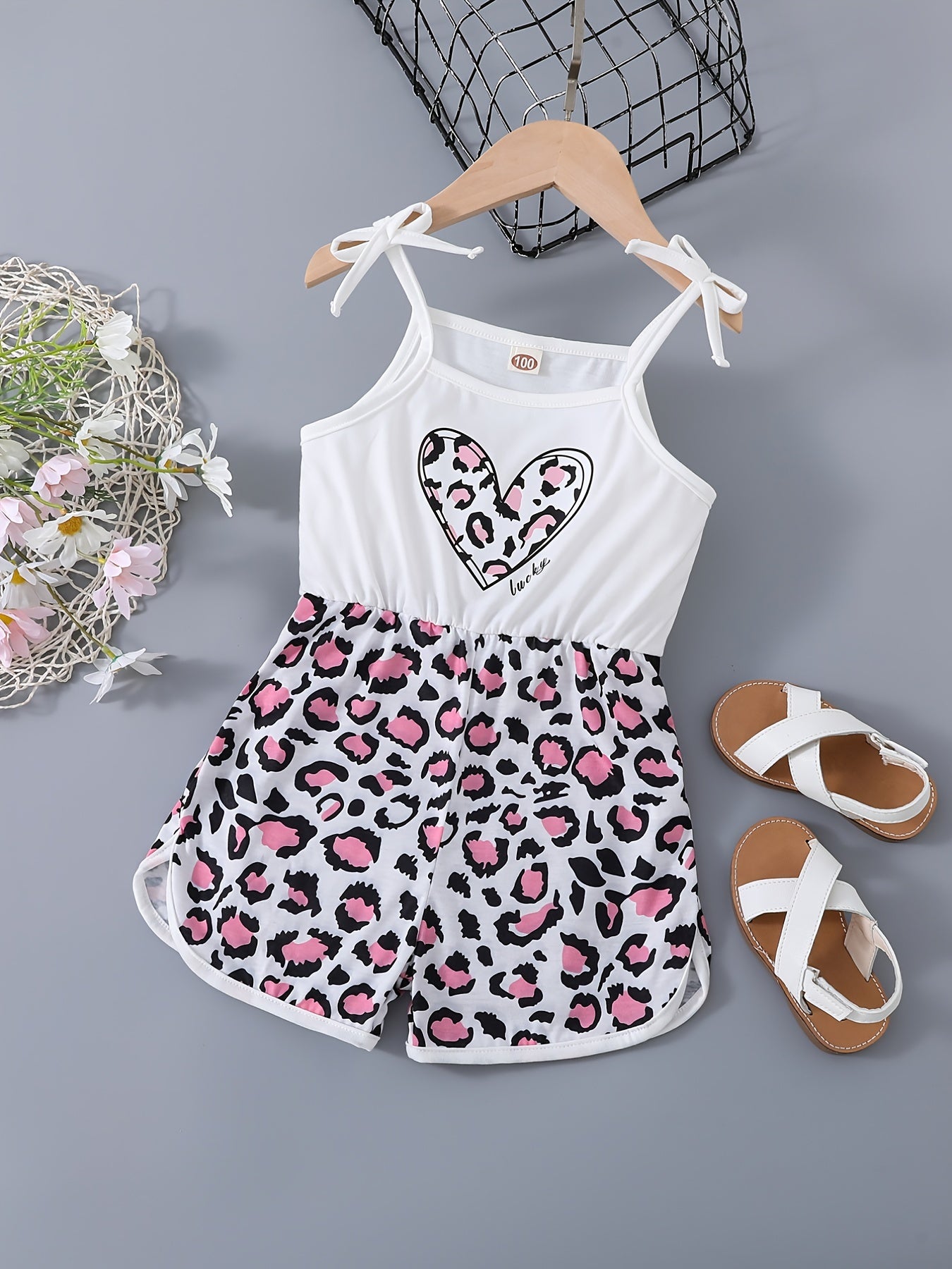 Girls Patchwork Cami Romper Bow Heart Leopard Print Jumpsuit