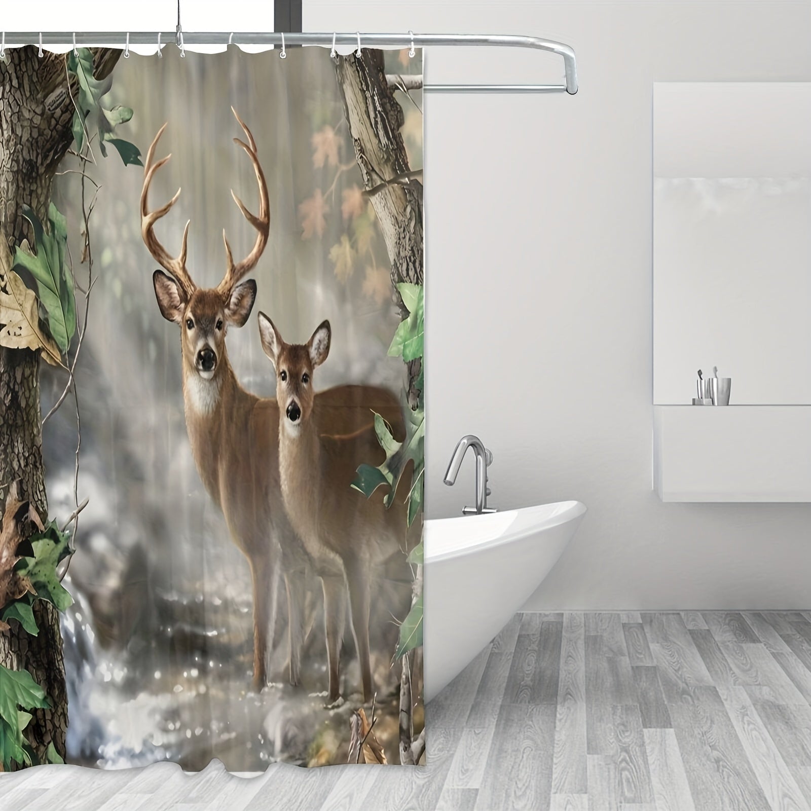 Wildlife Deer Shower Curtain Foggy Forest Elk Animal Shower Curtain
