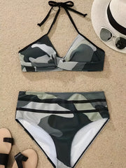 Camo Layered Ruched Bikini Sets Halter V Neck Backless High Cut Two Pieces Swims