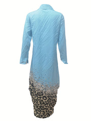 Leopard Print Maxi Shirt Dress Button Front Long Sleeve