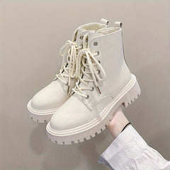 Women's Solid Lace Up Round Toe Zipper Platform Boots