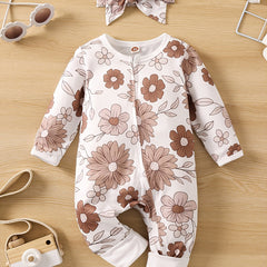 Baby Girls Floral Printed Long Sleeve Romper with Headband