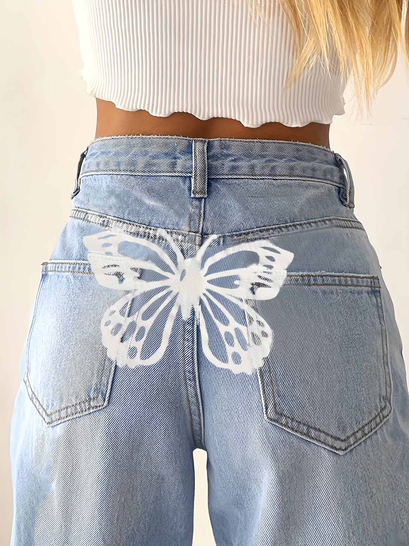 Butterfly Print Straight Jeans High Waist Non Stretch