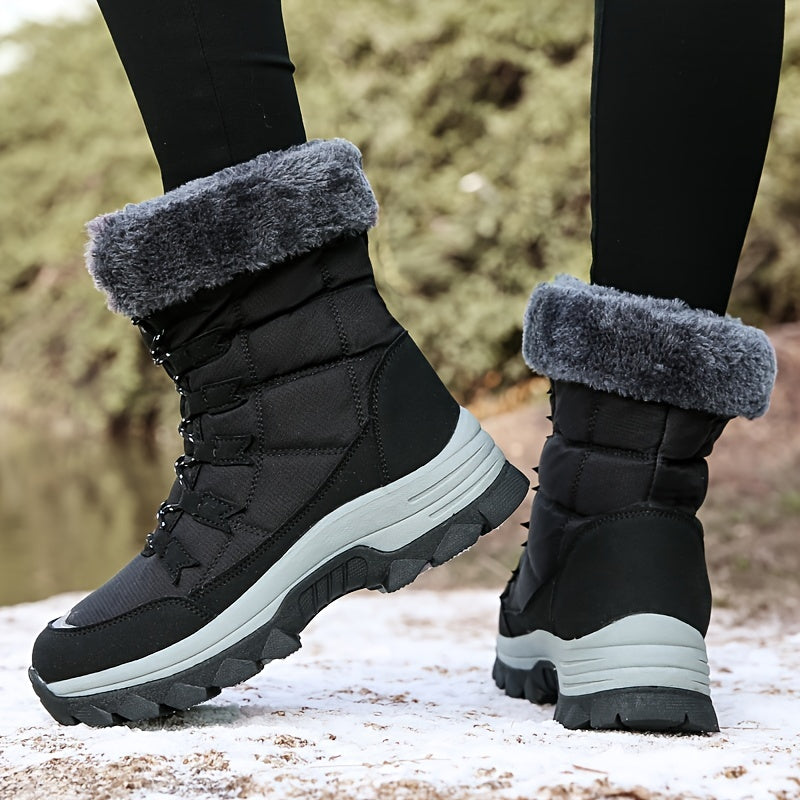 Women's Anti-slip Hiking Boots Fleece Lined Winter Mid Calf Lace-up Snow Boots