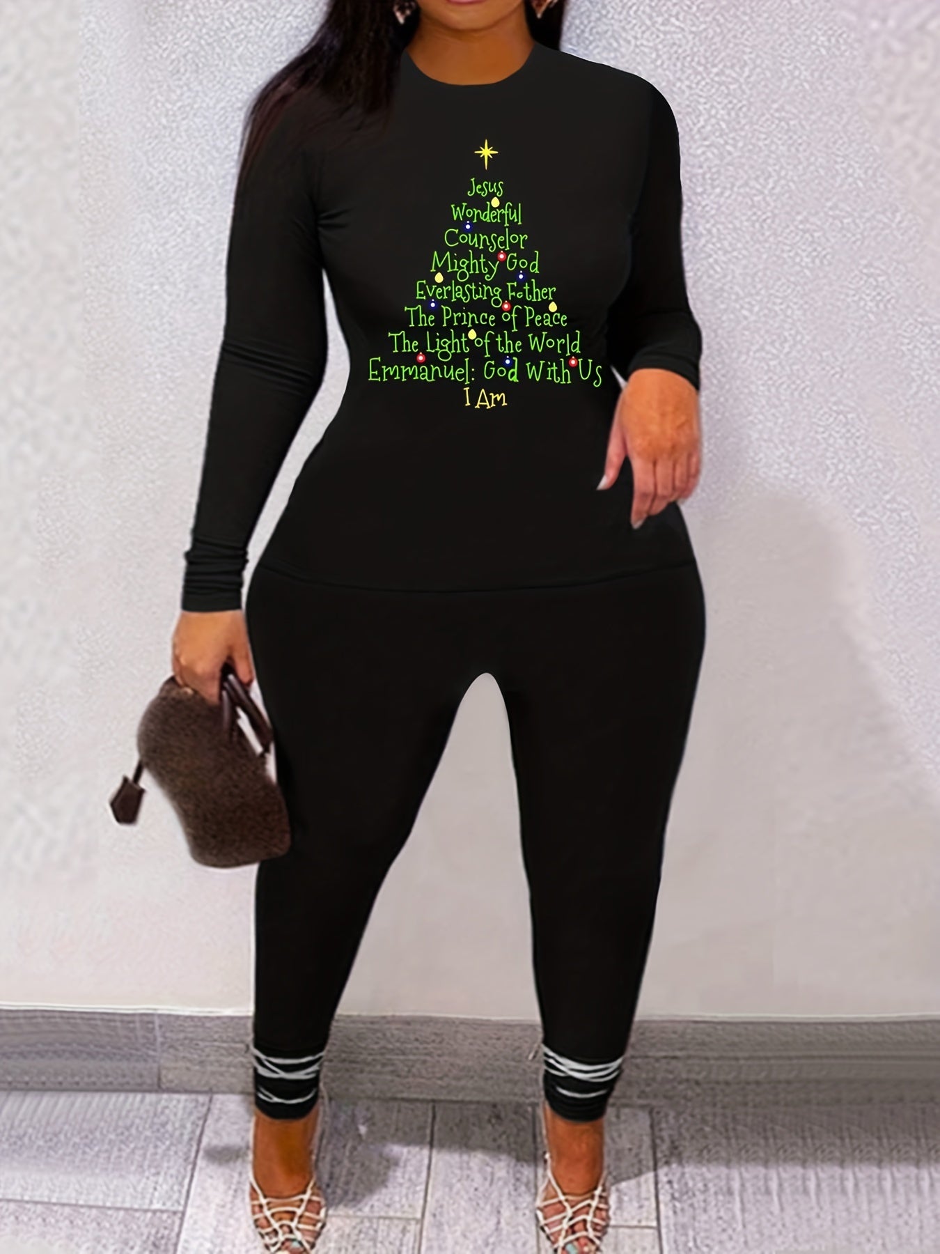 Women's Plus Christmas Tree Print Top & Leggings Set