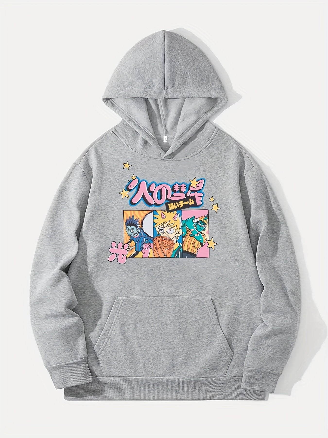 Anime Boy & Japanese Character Print Hoodie for Men