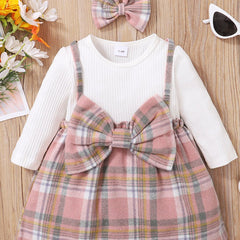 Baby Girls Plaid Bow Dress & Headband Set Winter Clothing
