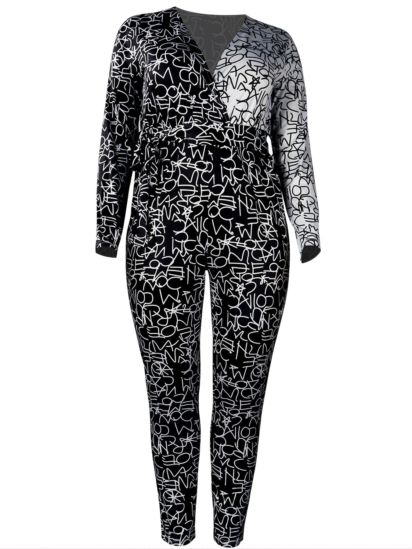 Colorblock Letter Print Long Sleeve Jumpsuit With Belt