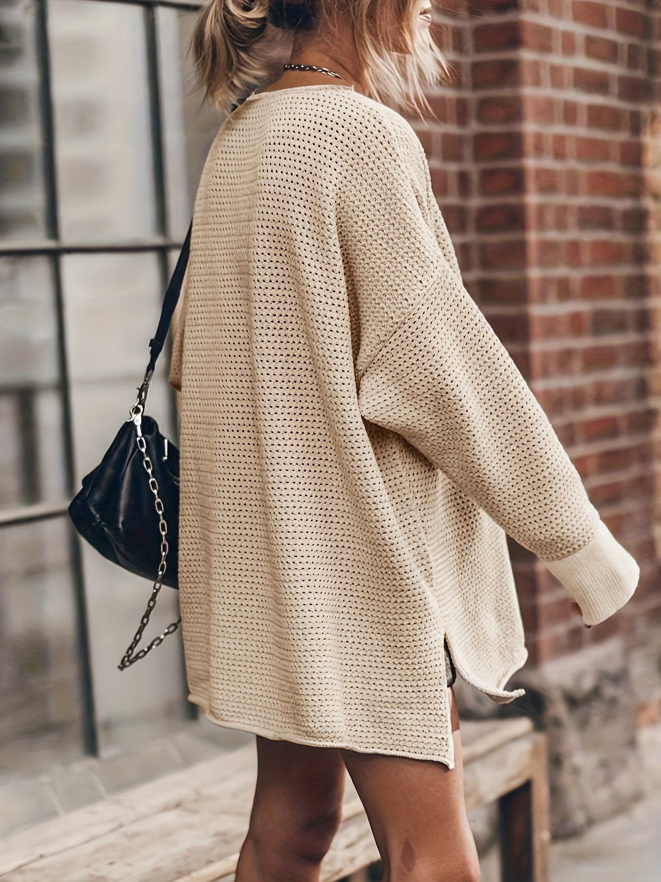 Casual Sweater Dress Solid Hollow Long Sleeve High Stretch Knitted Spl