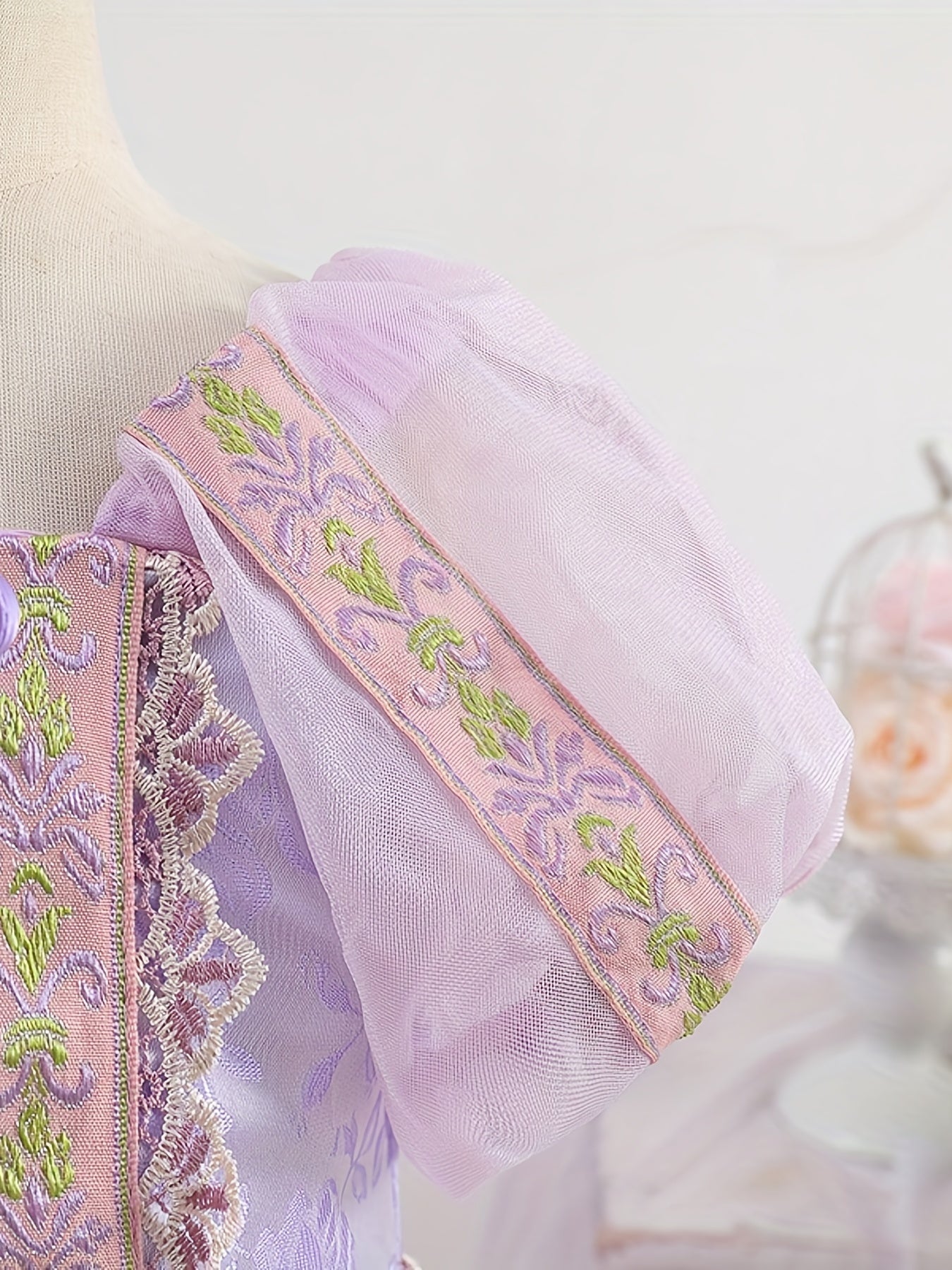 Girls Princess Costume Embroidered Puff Sleeve Dress Party Birthday Dress Up