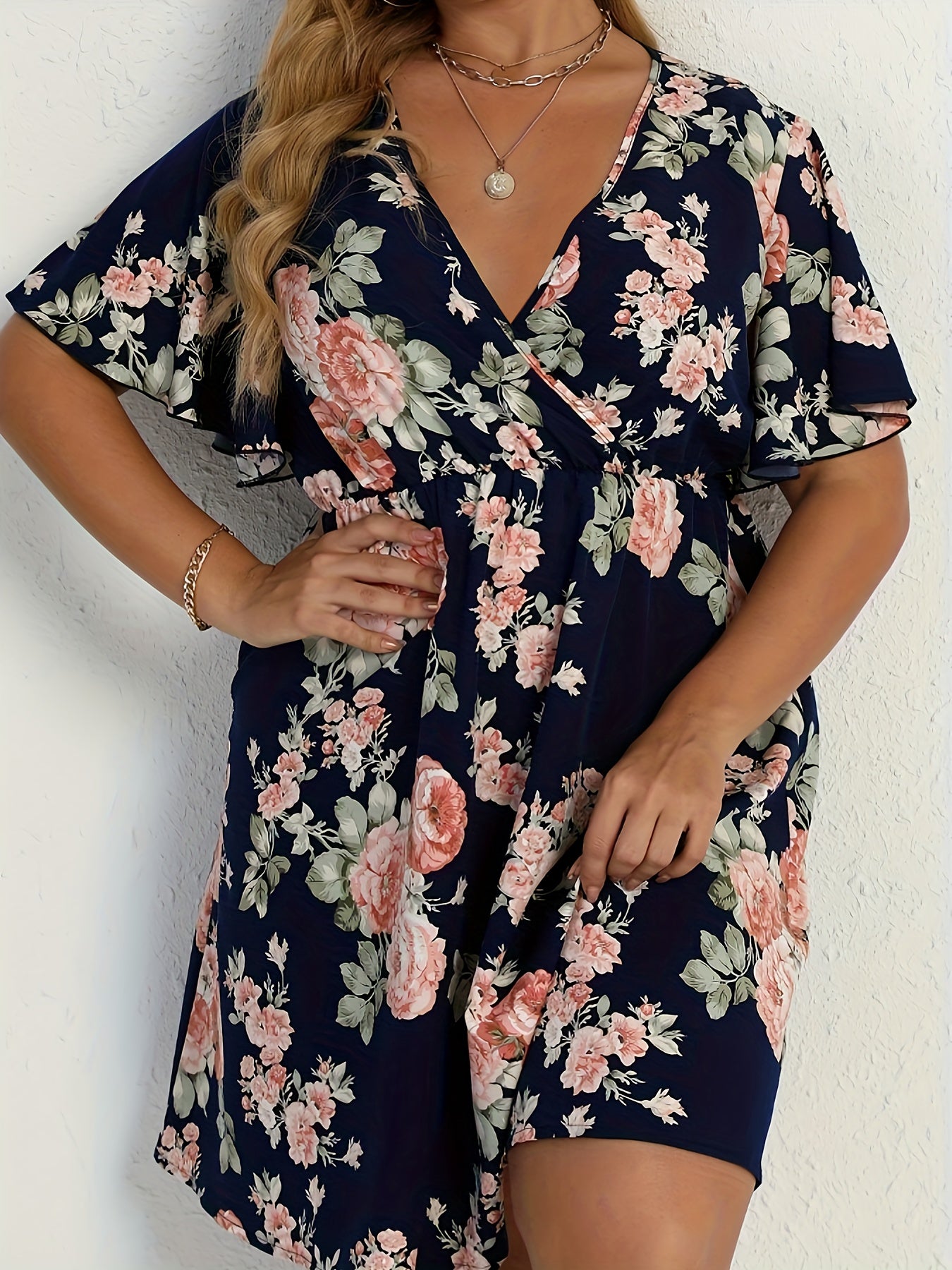 Floral Print Ruffle Sleeve Plus Size Boho Dress