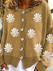 Floral Embroidery Cardigan Women's Round Neck Sweater